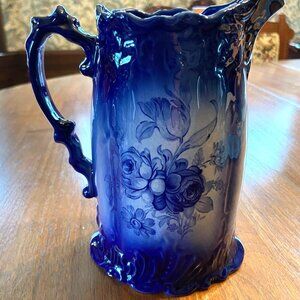 Striking, Deep Blue Staffordshire Water Pitcher, Floral, Great Glaze, England